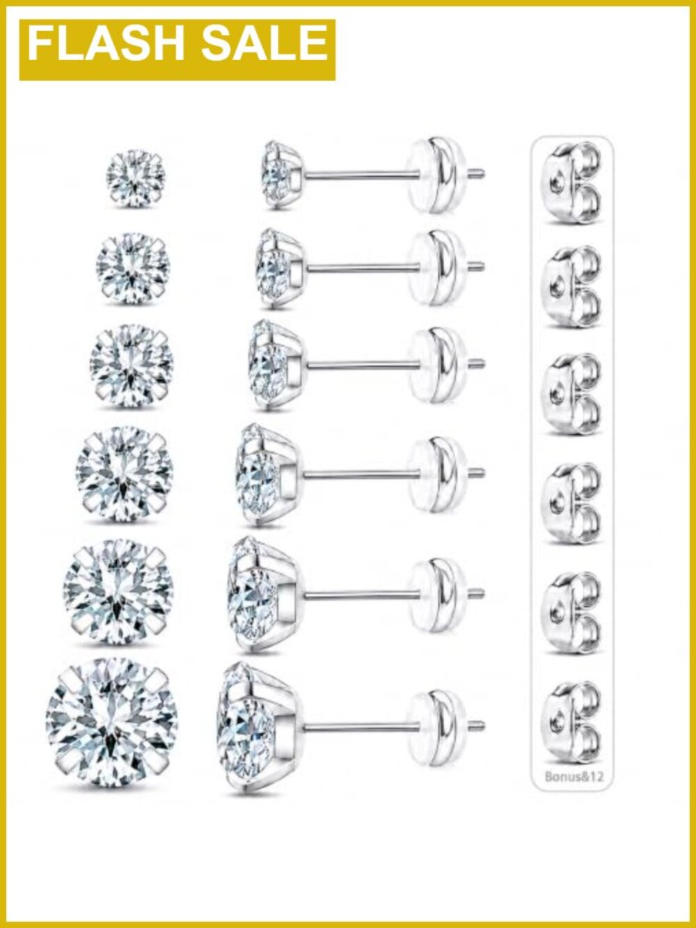 6 Pairs Round CZ Stud Earrings G23 Titanium Hypoallergenic 20G Silicone Backs